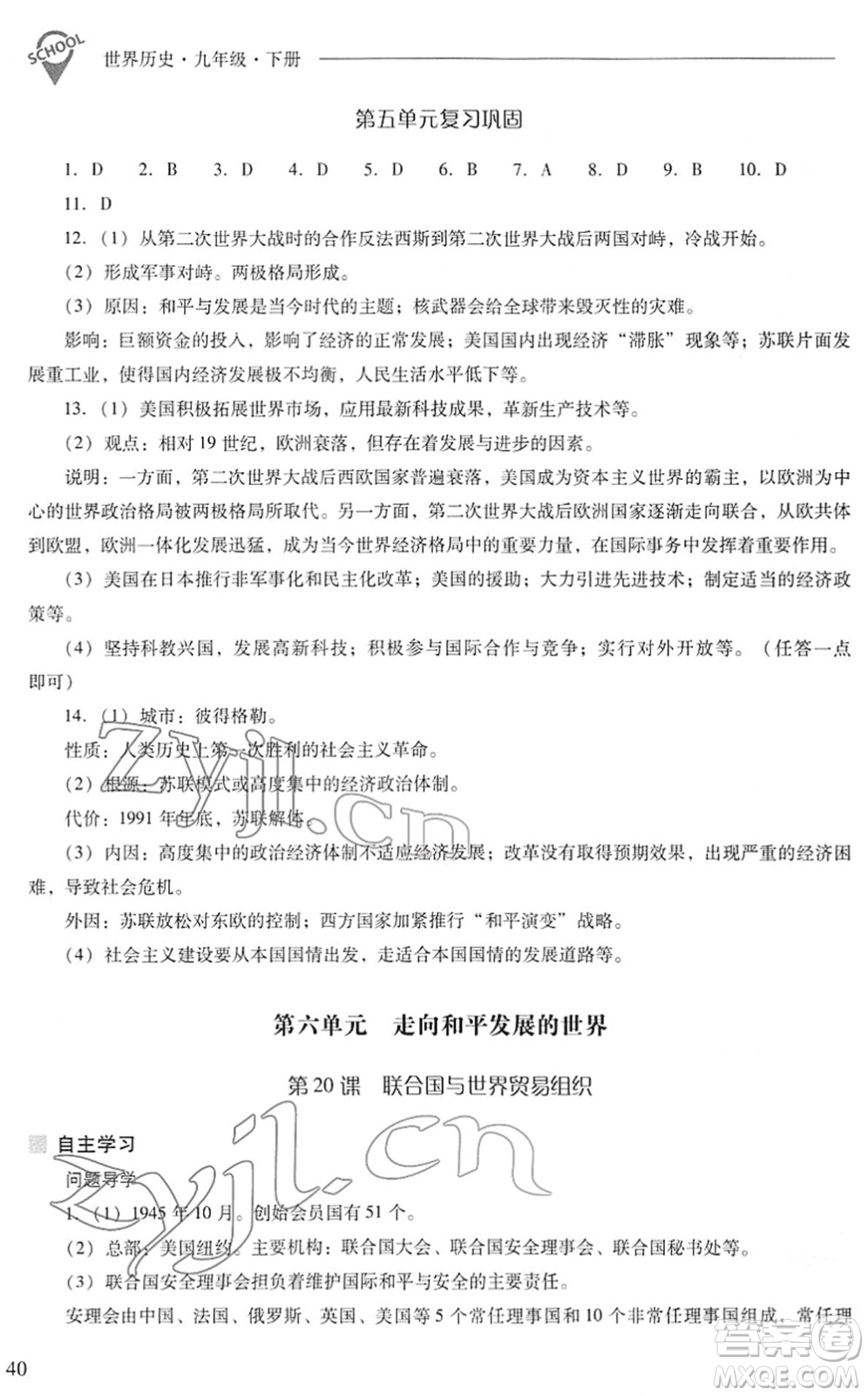 山西教育出版社2022新課程問題解決導(dǎo)學(xué)方案九年級(jí)歷史下冊(cè)人教版答案