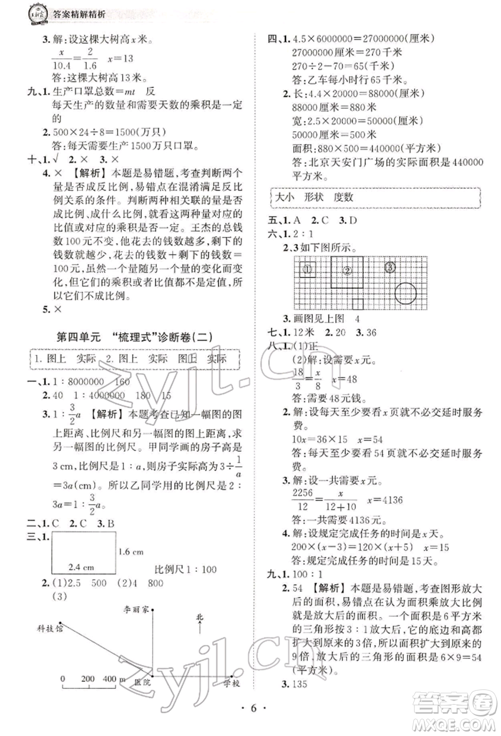 江西人民出版社2022王朝霞考點梳理時習卷六年級數(shù)學下冊人教版參考答案