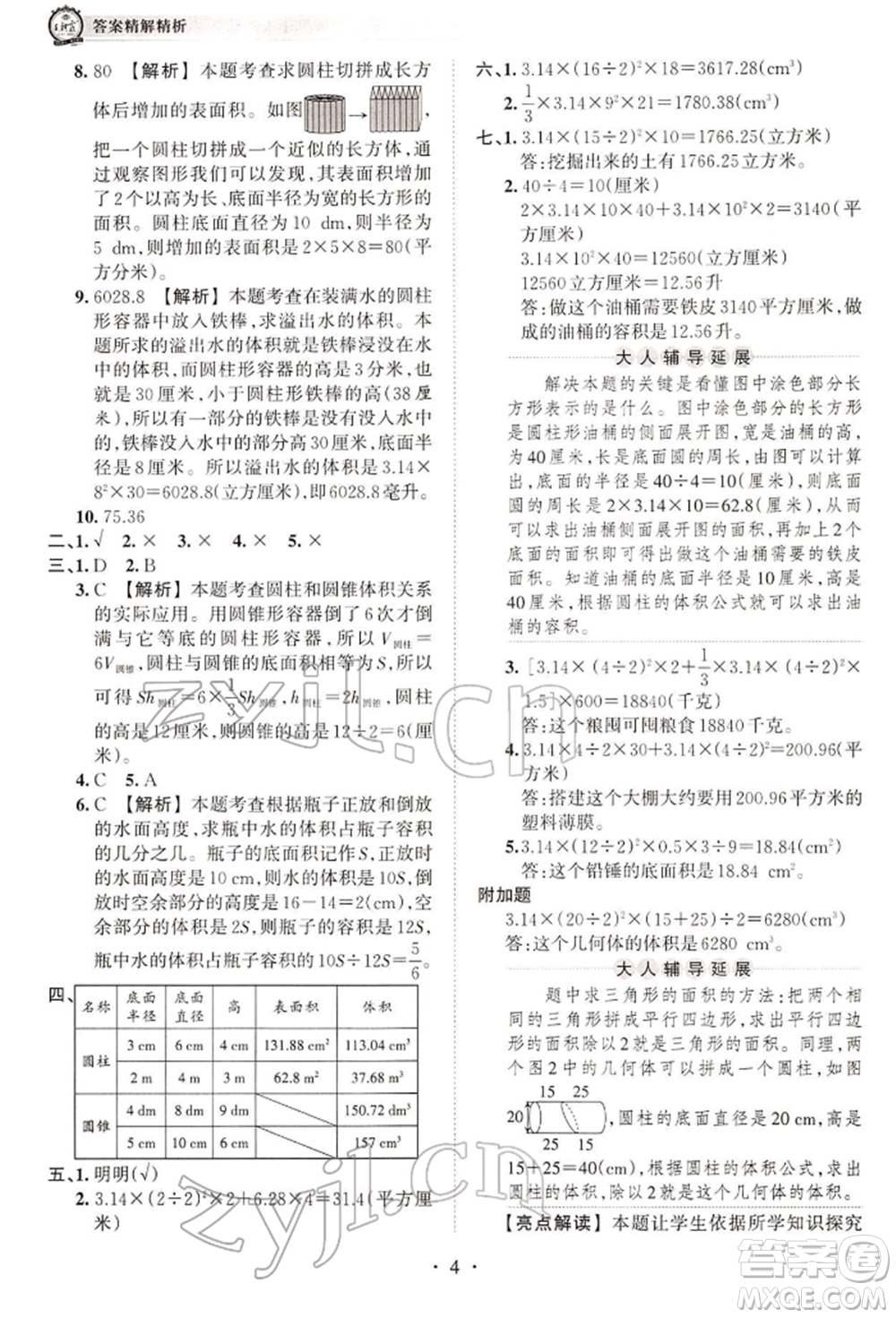 江西人民出版社2022王朝霞考點梳理時習卷六年級數(shù)學下冊人教版參考答案