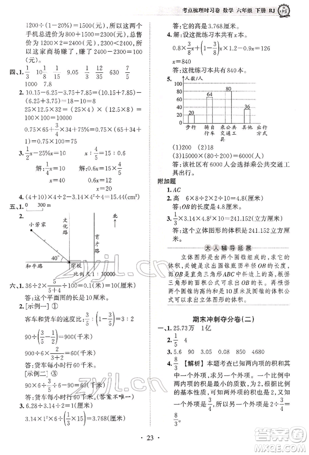 江西人民出版社2022王朝霞考點梳理時習卷六年級數(shù)學下冊人教版參考答案