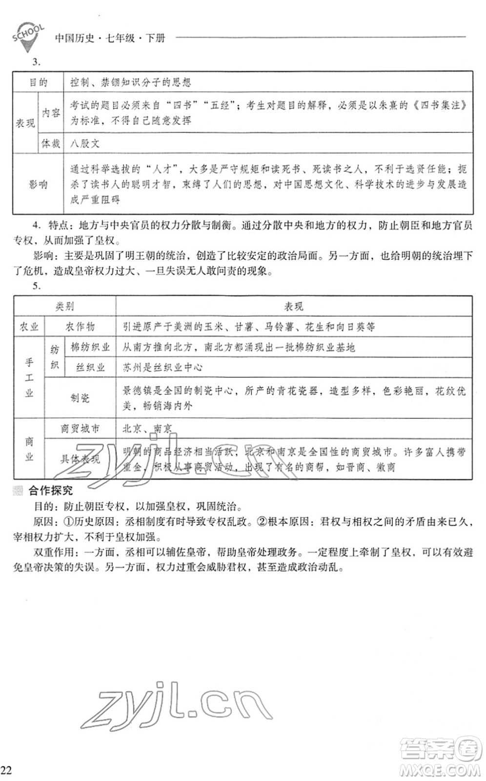 山西教育出版社2022新課程問題解決導(dǎo)學(xué)方案七年級歷史下冊人教版答案