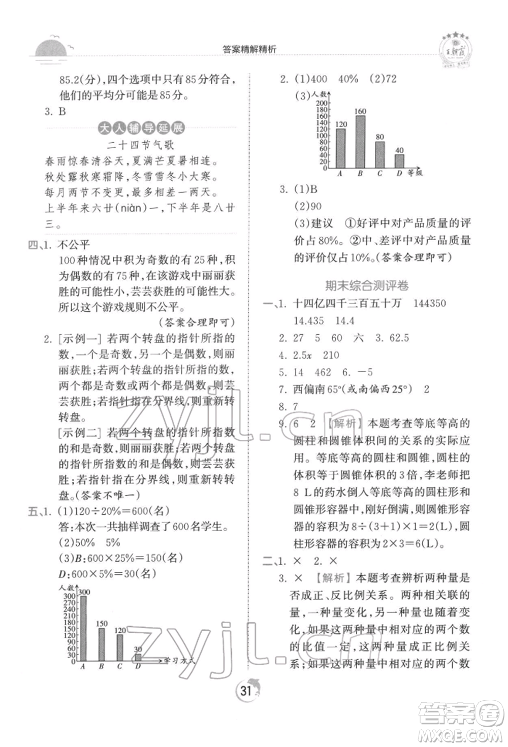 江西人民出版社2022王朝霞德才兼?zhèn)渥鳂I(yè)創(chuàng)新設(shè)計六年級數(shù)學(xué)下冊人教版參考答案