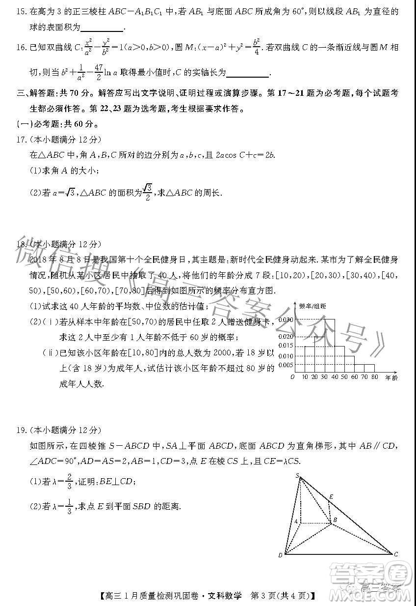 2022九師聯(lián)盟高三1月質(zhì)量檢測(cè)鞏固卷文科數(shù)學(xué)試題及答案