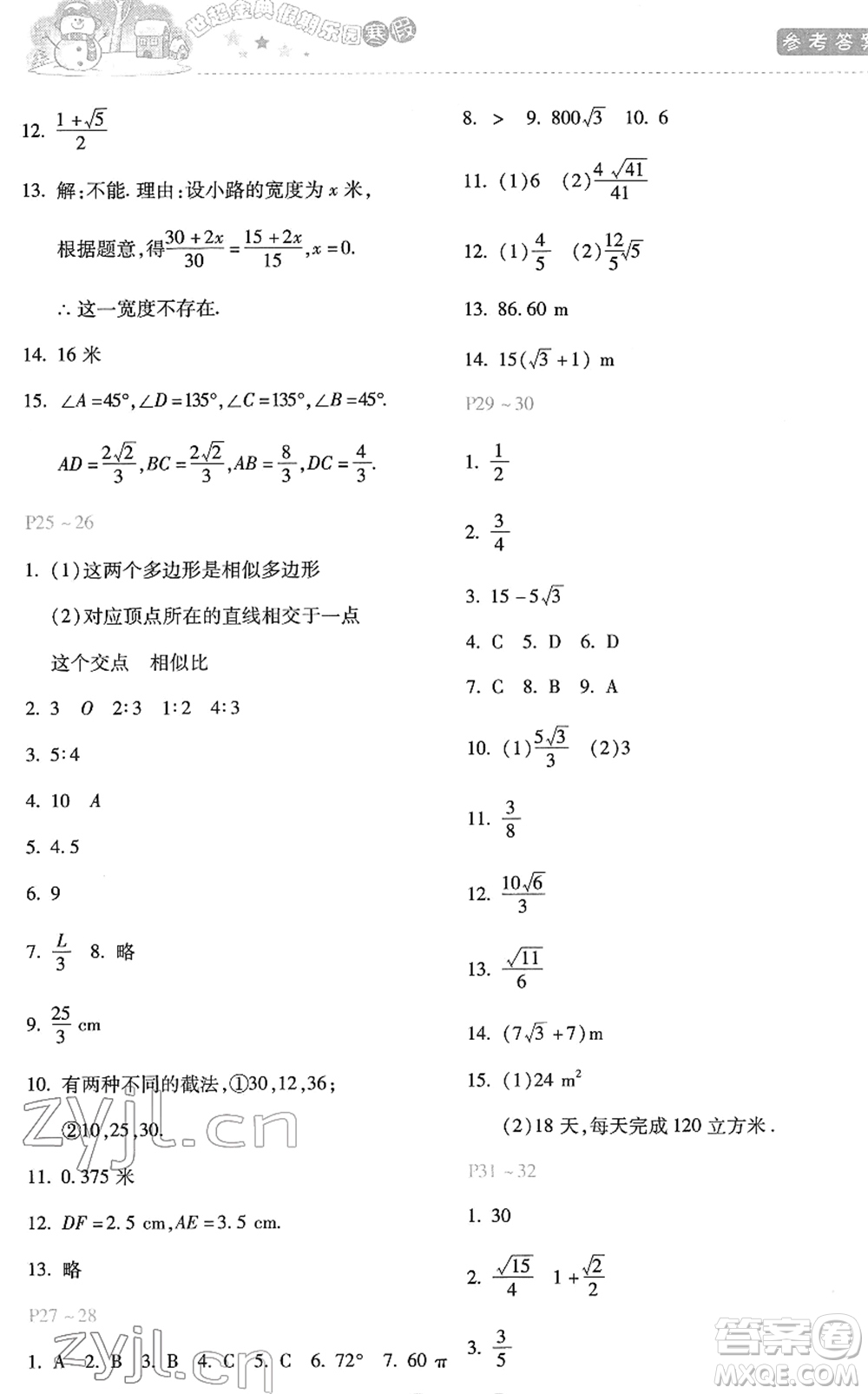 河北少年兒童出版社2022世超金典假期樂(lè)園寒假九年級(jí)數(shù)學(xué)JJ冀教版答案