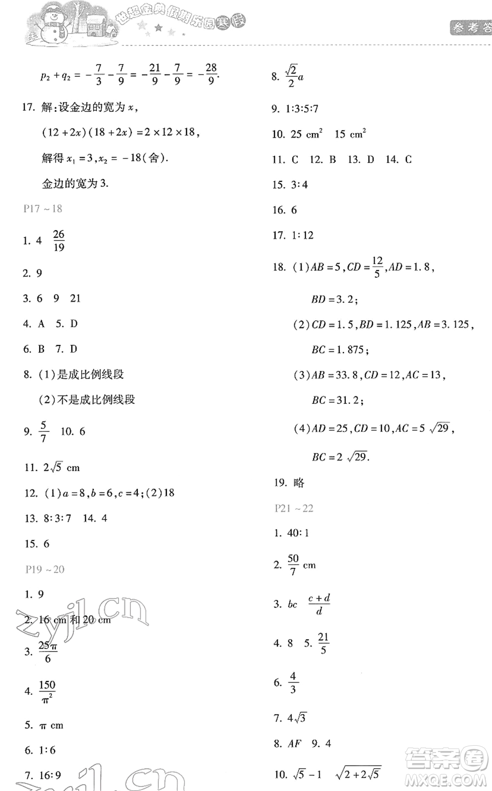 河北少年兒童出版社2022世超金典假期樂(lè)園寒假九年級(jí)數(shù)學(xué)JJ冀教版答案