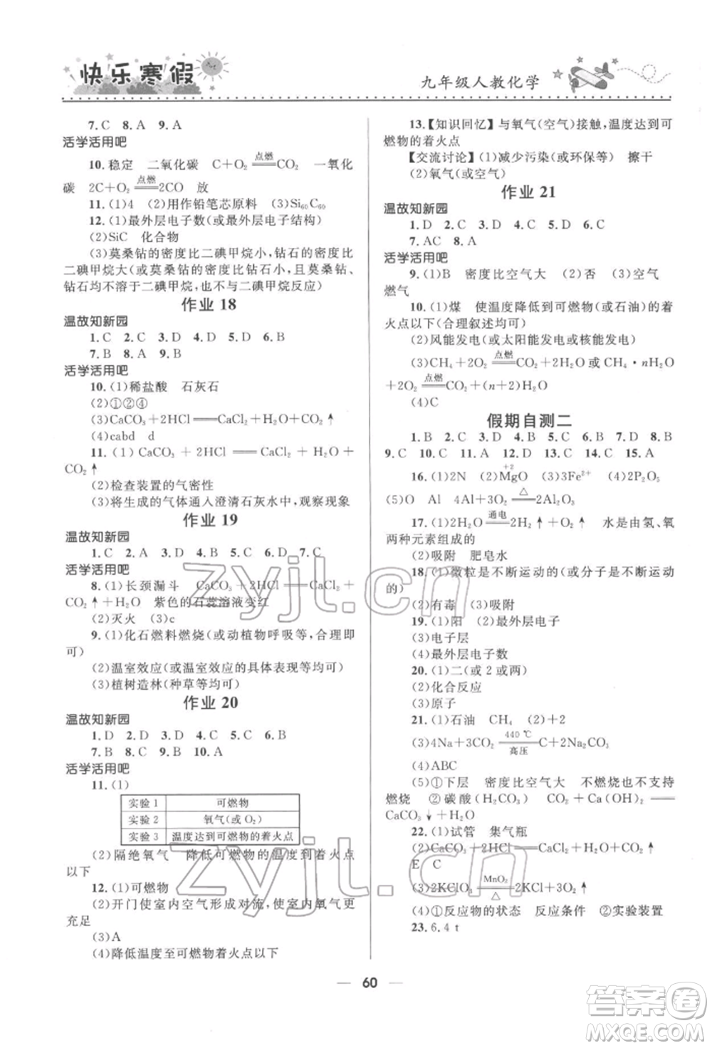 河北少年兒童出版社2022贏在起跑線中學(xué)生快樂寒假九年級化學(xué)人教版參考答案