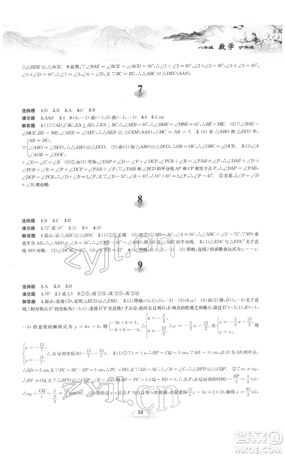 黃山書社2022寒假作業(yè)八年級數(shù)學(xué)滬科版參考答案
