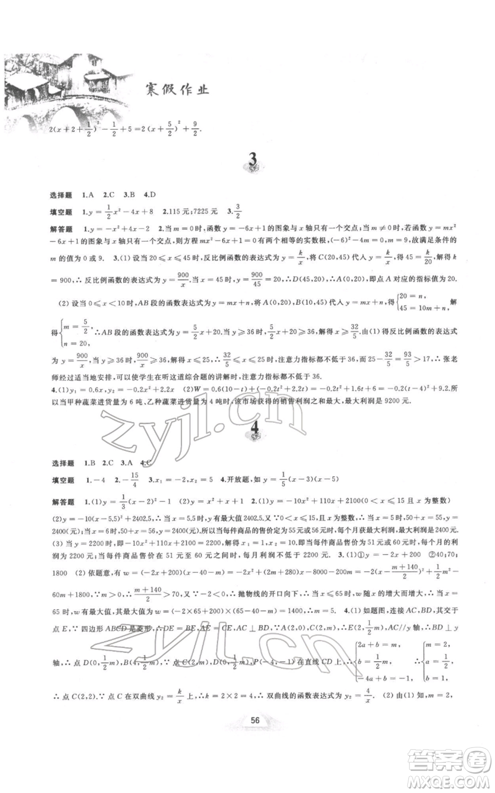 黃山書(shū)社2022寒假作業(yè)九年級(jí)數(shù)學(xué)滬科版參考答案