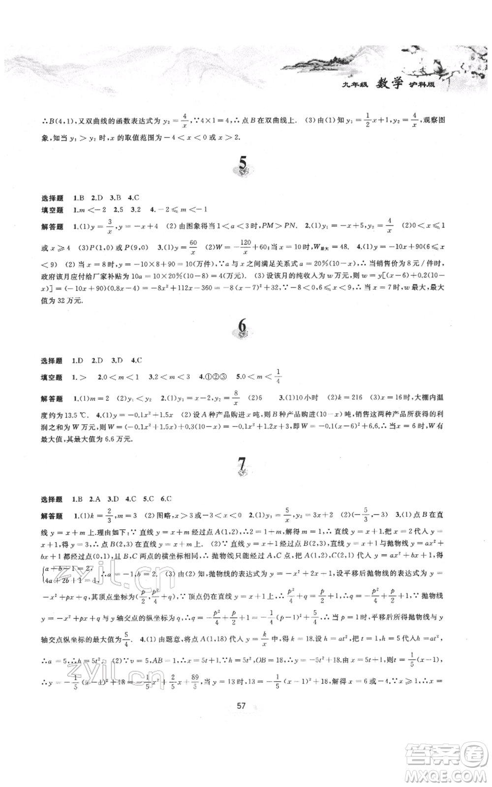 黃山書(shū)社2022寒假作業(yè)九年級(jí)數(shù)學(xué)滬科版參考答案