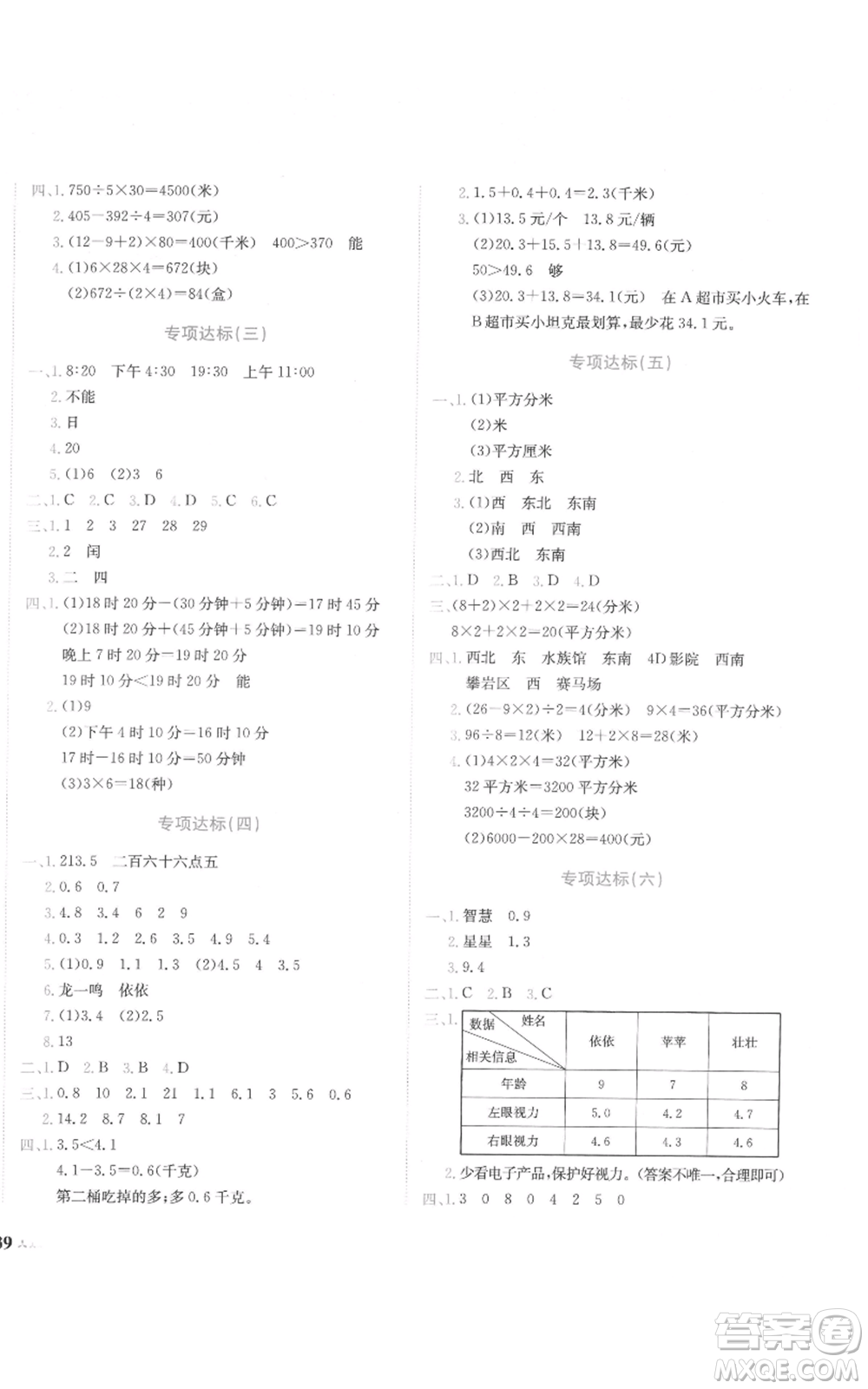 龍門書局2022黃岡小狀元達標卷三年級數(shù)學(xué)下冊人教版參考答案