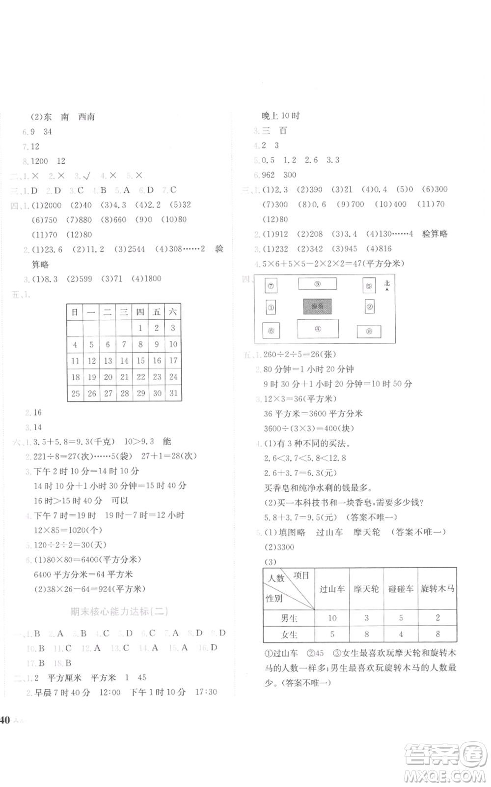 龍門書局2022黃岡小狀元達標卷三年級數(shù)學(xué)下冊人教版參考答案