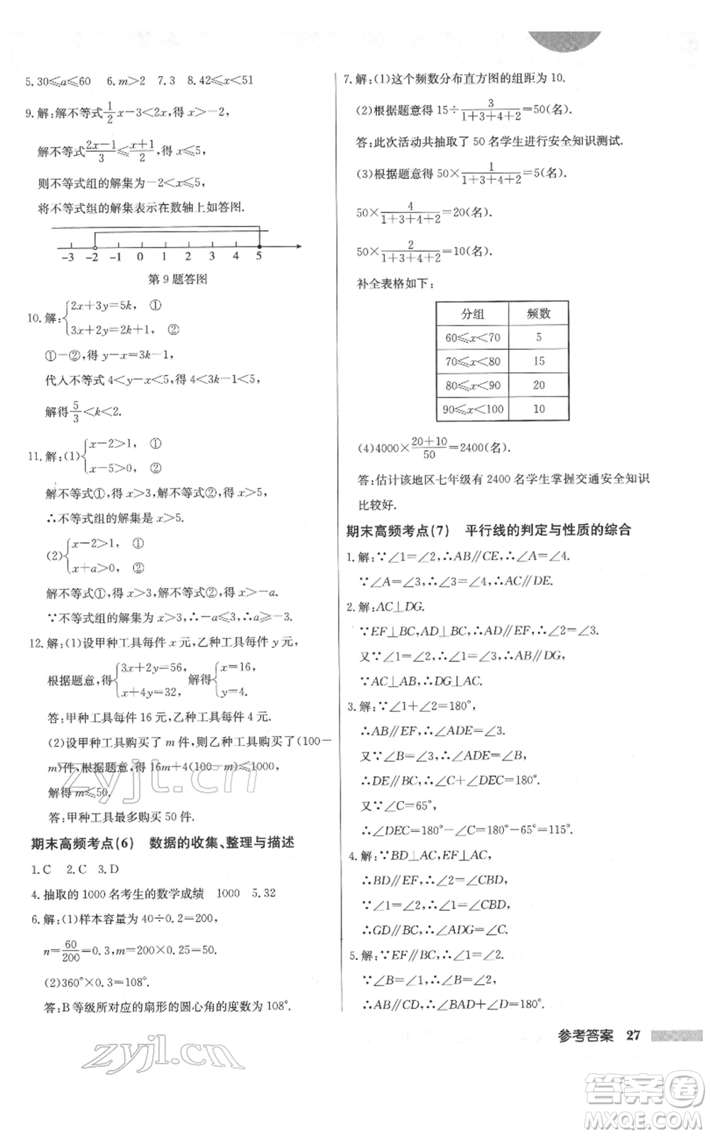 龍門書局2022啟東中學(xué)作業(yè)本七年級(jí)數(shù)學(xué)下冊(cè)人教版參考答案