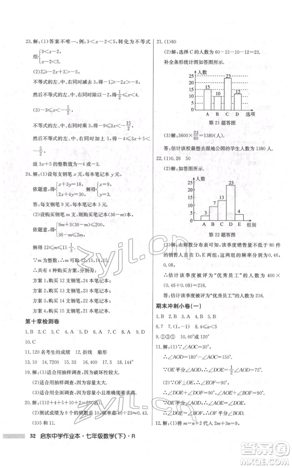 龍門書局2022啟東中學(xué)作業(yè)本七年級(jí)數(shù)學(xué)下冊(cè)人教版參考答案