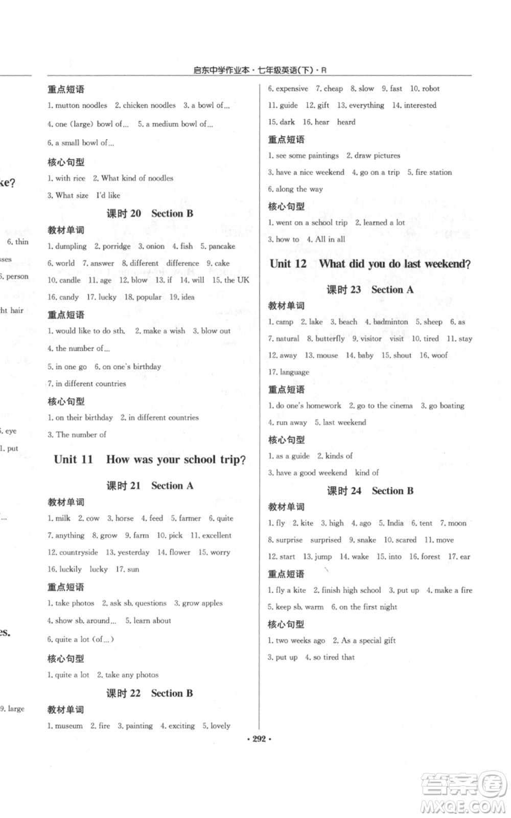 龍門書局2022啟東中學(xué)作業(yè)本七年級英語下冊人教版參考答案