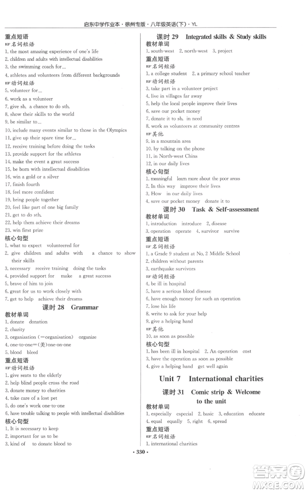 龍門書局2022啟東中學(xué)作業(yè)本八年級英語下冊譯林版徐州專版參考答案