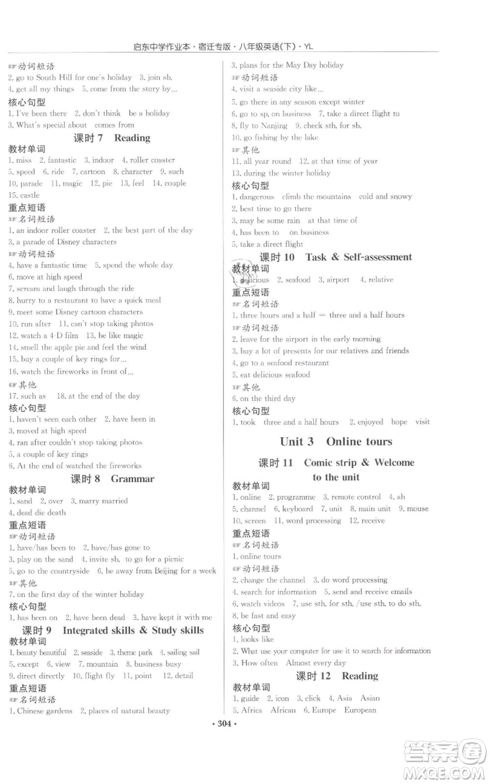 龍門(mén)書(shū)局2022啟東中學(xué)作業(yè)本八年級(jí)英語(yǔ)下冊(cè)譯林版宿遷專(zhuān)版參考答案