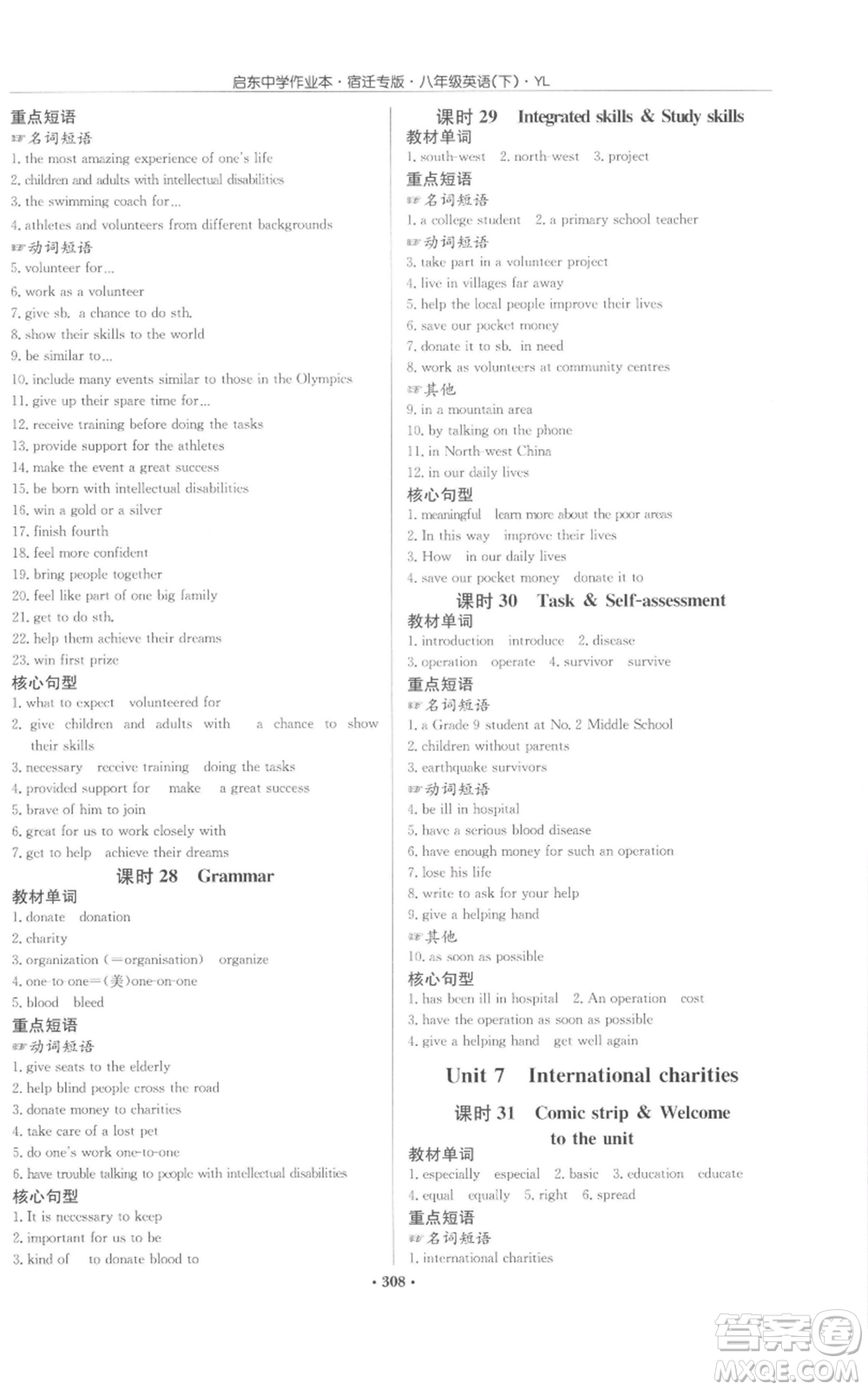 龍門(mén)書(shū)局2022啟東中學(xué)作業(yè)本八年級(jí)英語(yǔ)下冊(cè)譯林版宿遷專(zhuān)版參考答案