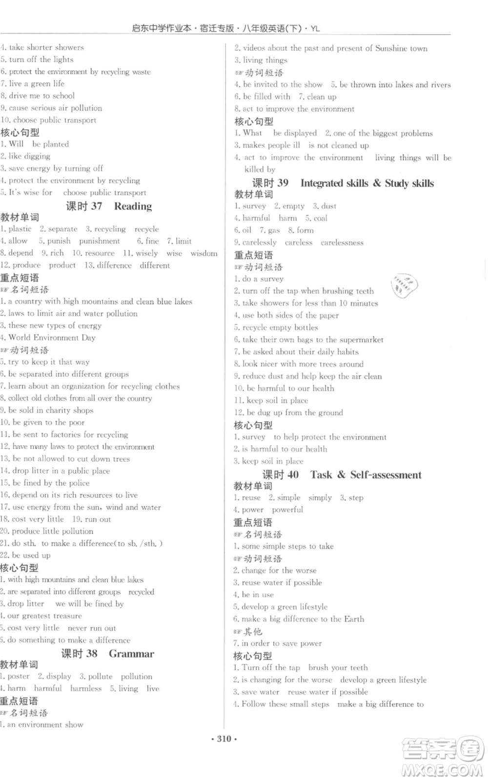龍門(mén)書(shū)局2022啟東中學(xué)作業(yè)本八年級(jí)英語(yǔ)下冊(cè)譯林版宿遷專(zhuān)版參考答案