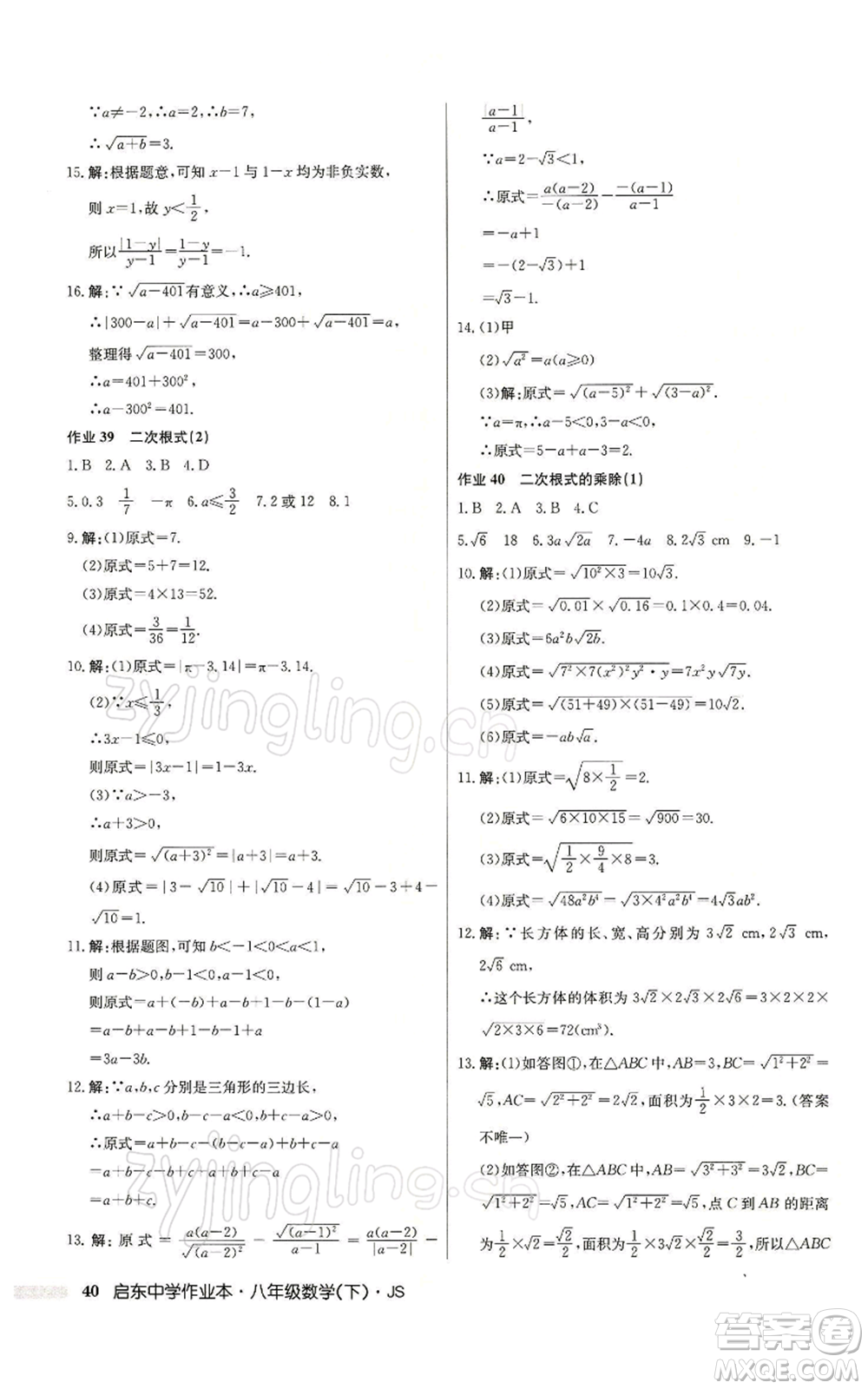 龍門書局2022啟東中學作業(yè)本八年級數(shù)學下冊蘇科版參考答案