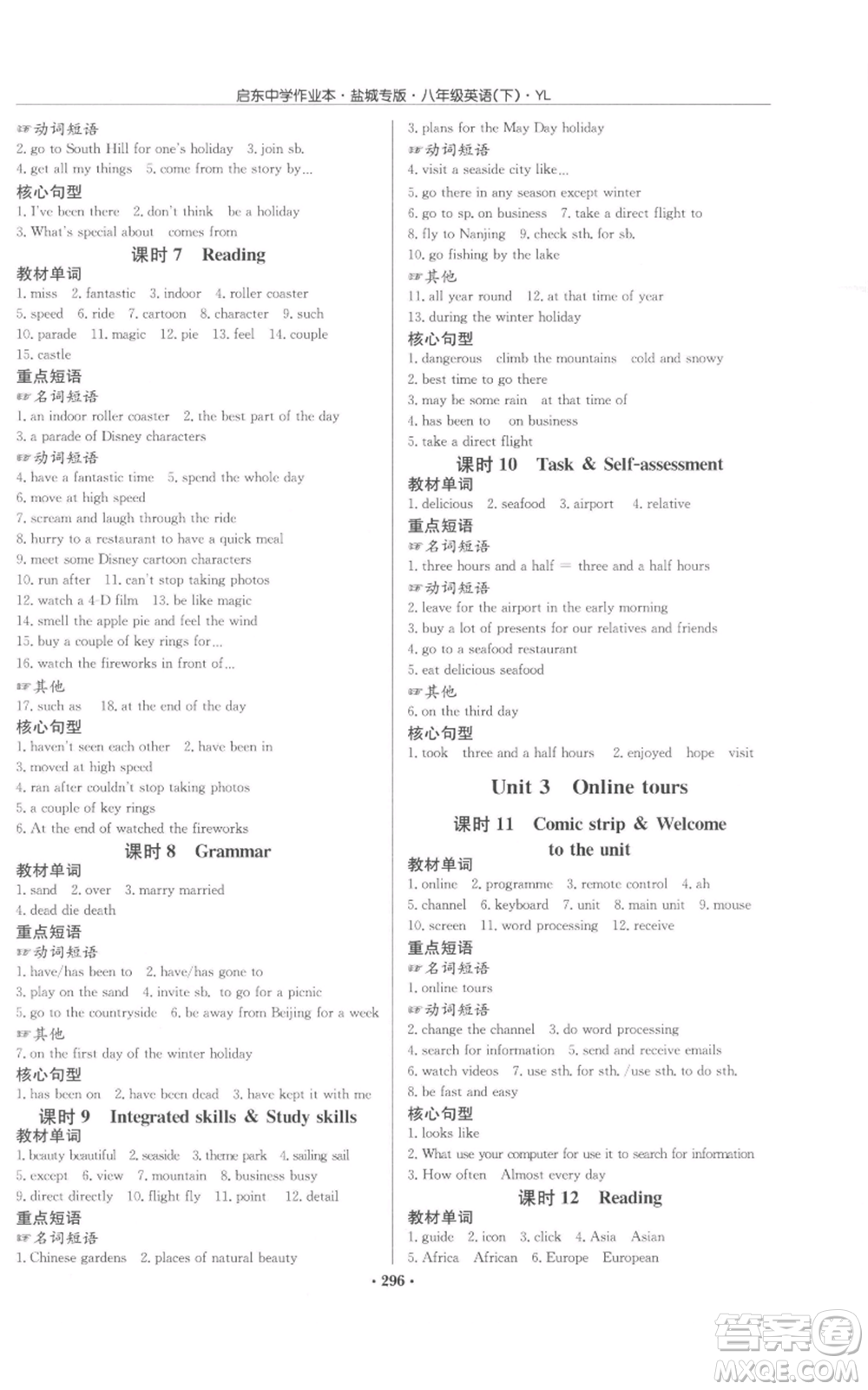 龍門書局2022啟東中學作業(yè)本八年級英語下冊譯林版鹽城專版參考答案