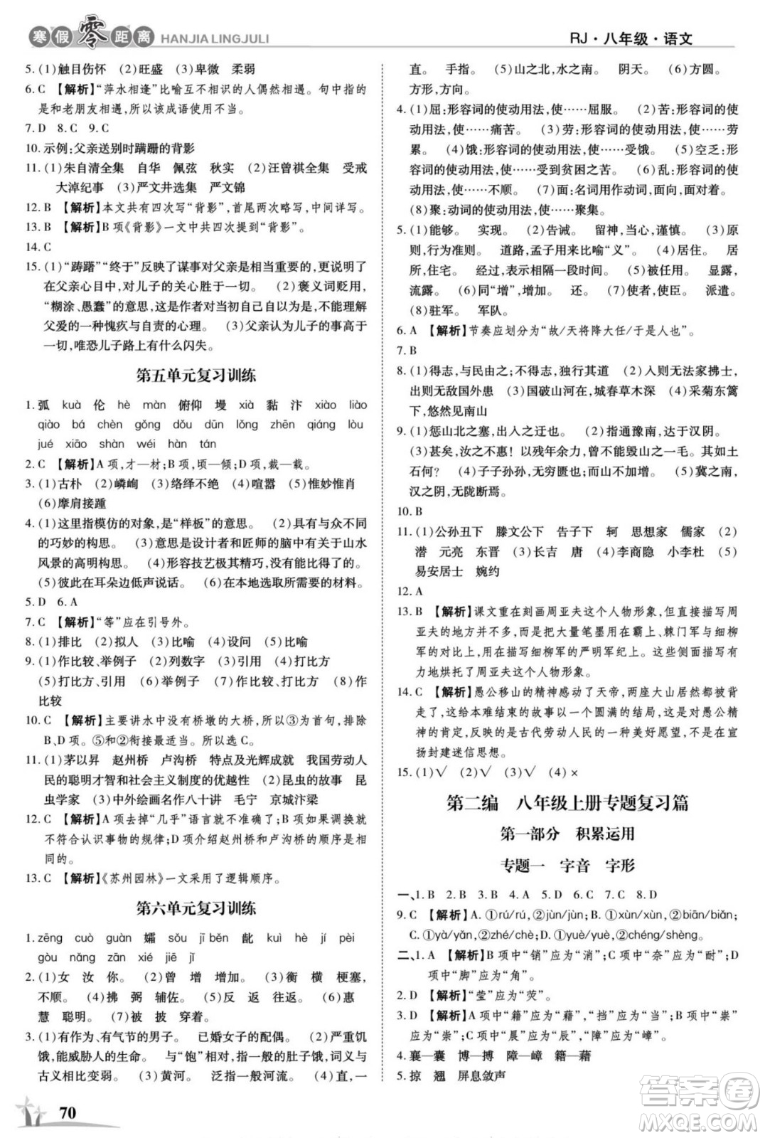 合肥工業(yè)大學(xué)出版社2022寒假零距離學(xué)期系統(tǒng)復(fù)習(xí)語文八年級(jí)R人教版答案