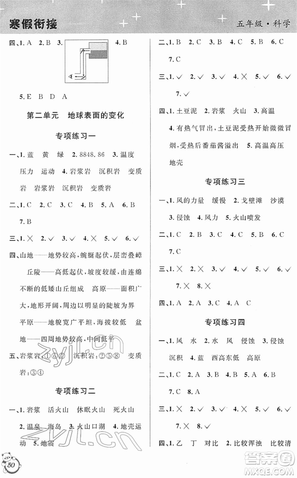 浙江科學技術出版社2022第三學期寒假銜接五年級科學JK教科版答案