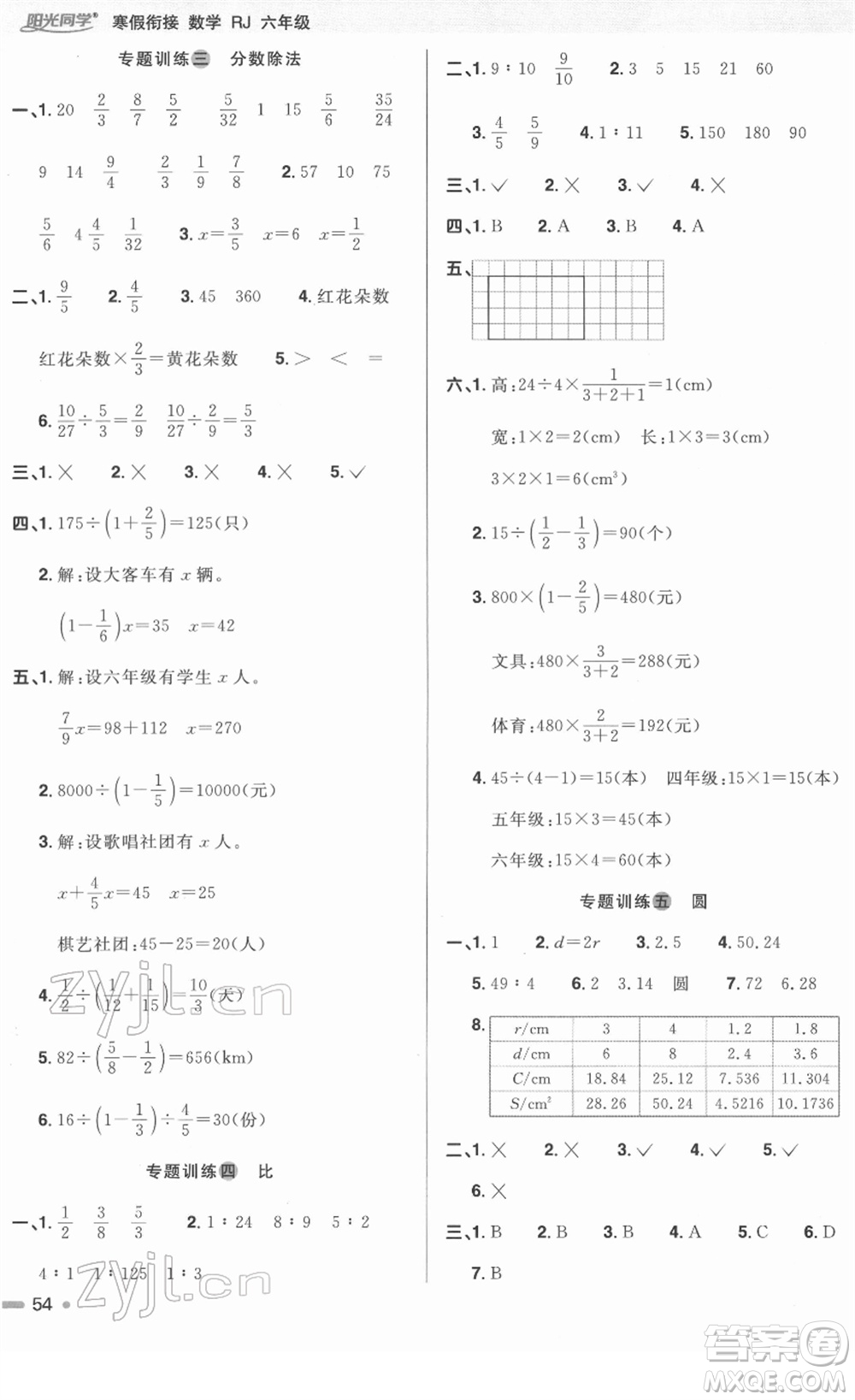 江西教育出版社2022陽光同學(xué)寒假銜接六年級(jí)數(shù)學(xué)RJ人教版答案