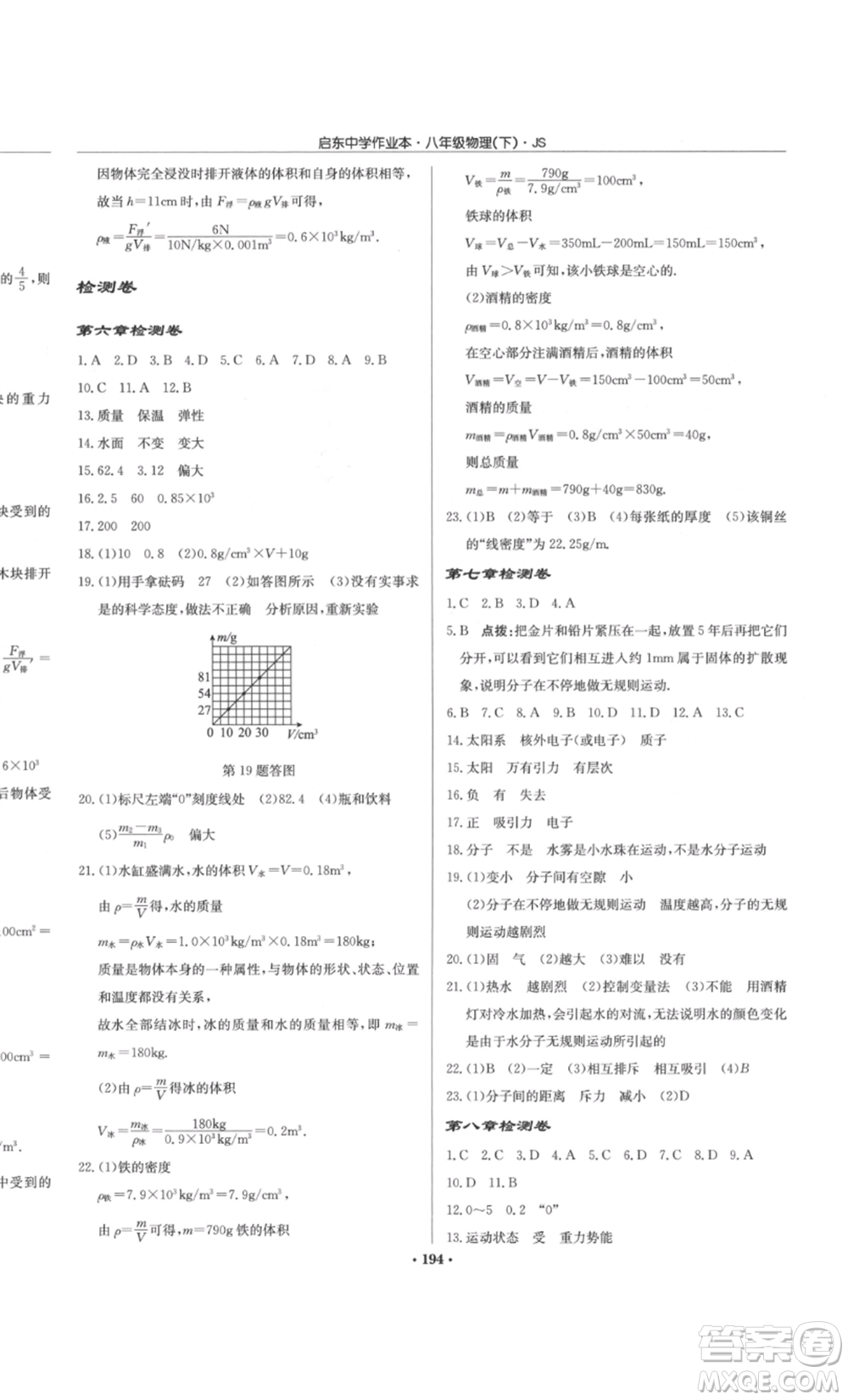 龍門書(shū)局2022啟東中學(xué)作業(yè)本八年級(jí)物理下冊(cè)江蘇版參考答案
