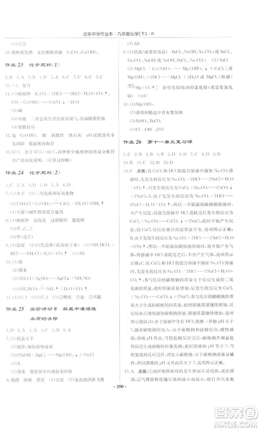 龍門書局2022啟東中學(xué)作業(yè)本九年級化學(xué)下冊人教版參考答案