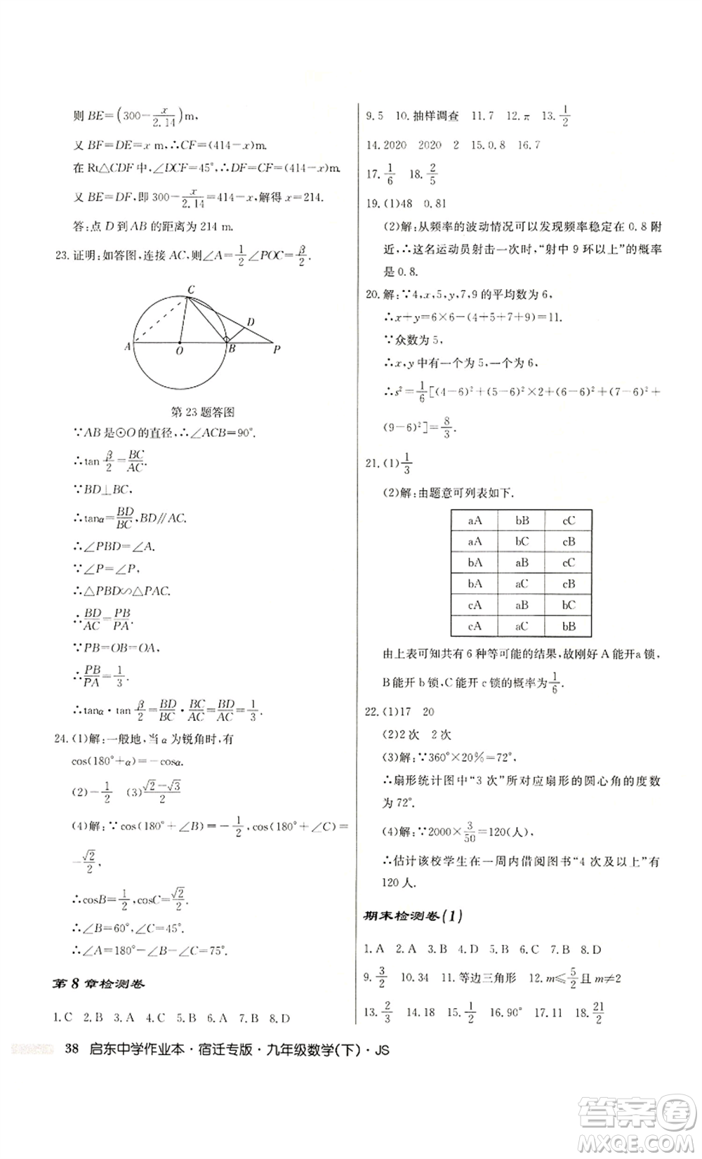 龍門書局2022啟東中學作業(yè)本九年級數(shù)學下冊蘇科版宿遷專版參考答案
