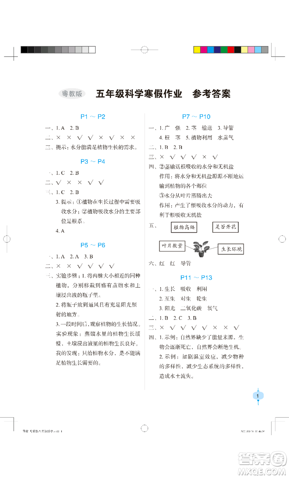 長江少年兒童出版社2022寒假作業(yè)五年級(jí)科學(xué)粵教版參考答案