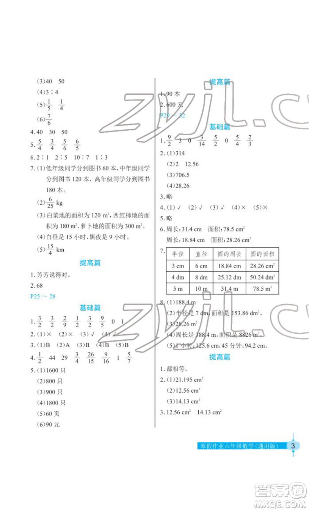 長江少年兒童出版社2022寒假作業(yè)六年級數(shù)學(xué)人教版參考答案