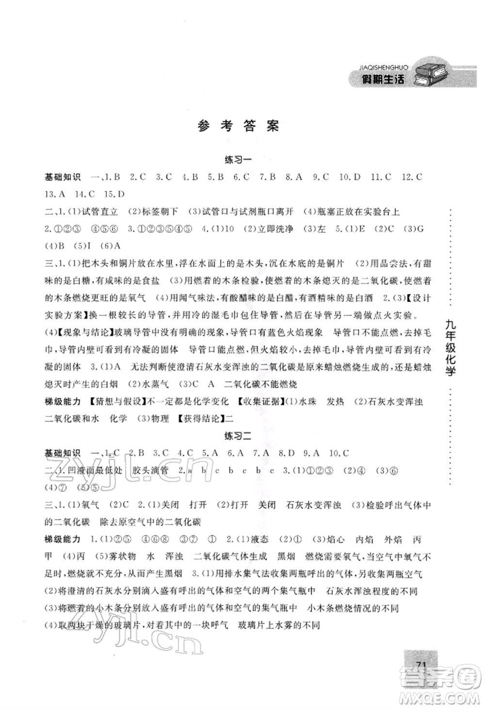 方圓電子音像出版社2022假期生活寒假九年級(jí)化學(xué)通用版參考答案