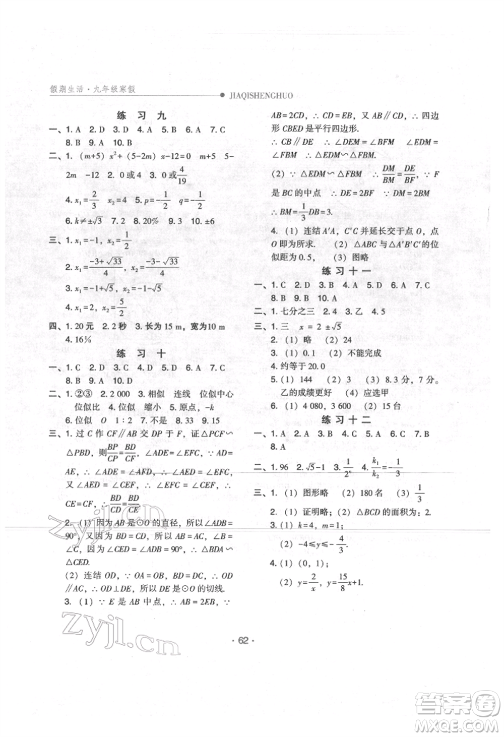 方圓電子音像出版社2022假期生活寒假九年級(jí)數(shù)學(xué)冀教版參考答案