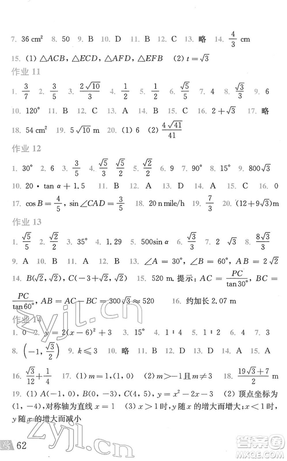 上?？茖W(xué)技術(shù)出版社2022數(shù)學(xué)寒假作業(yè)九年級(jí)滬科版答案