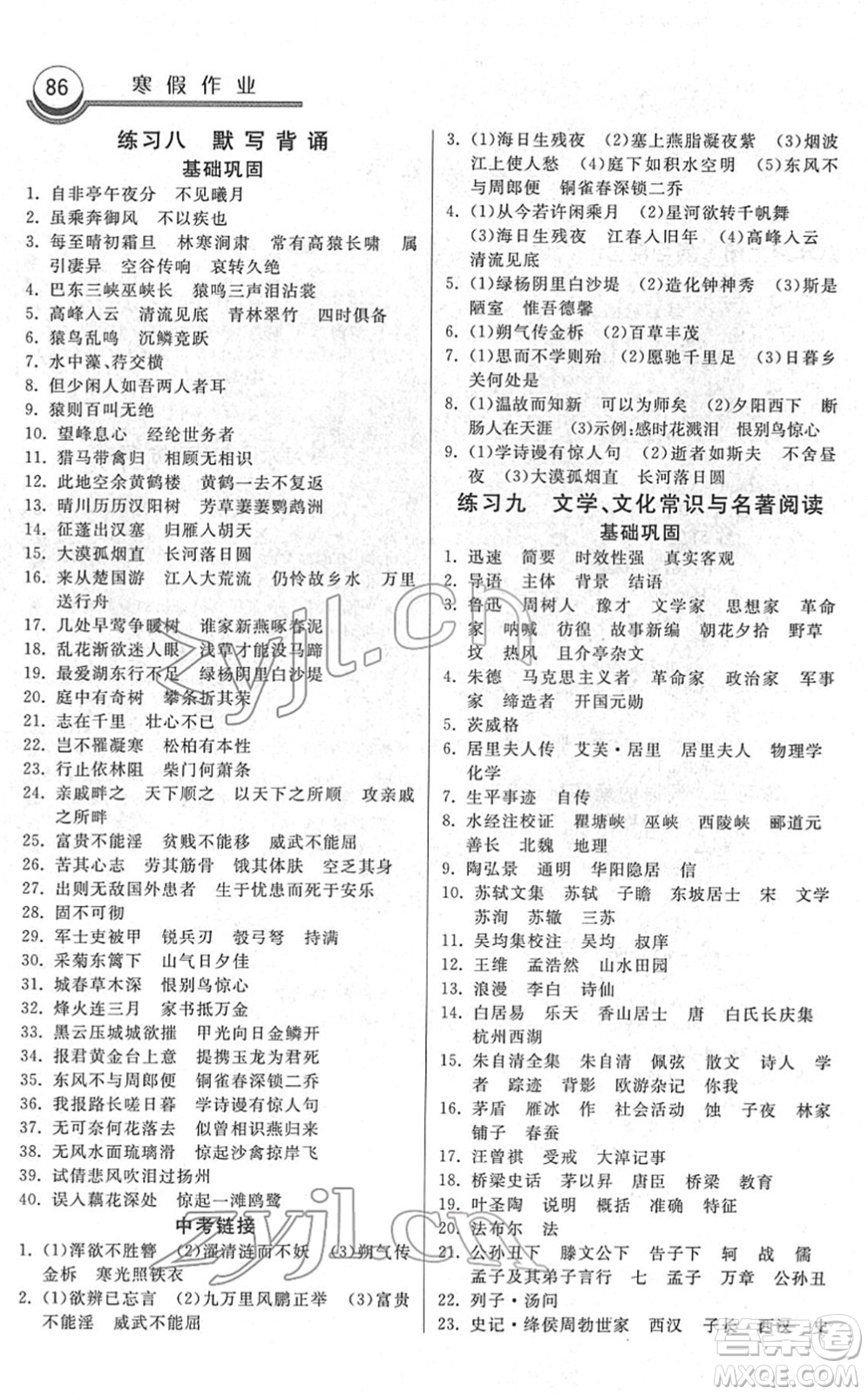 河北美術(shù)出版社2022寒假作業(yè)八年級語文人教版答案