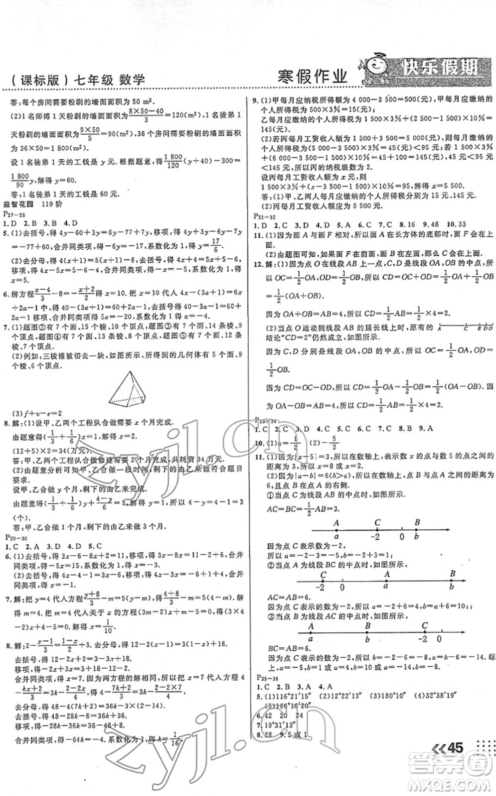 云南美術出版社2022本土假期寒假七年級數(shù)學課標版答案
