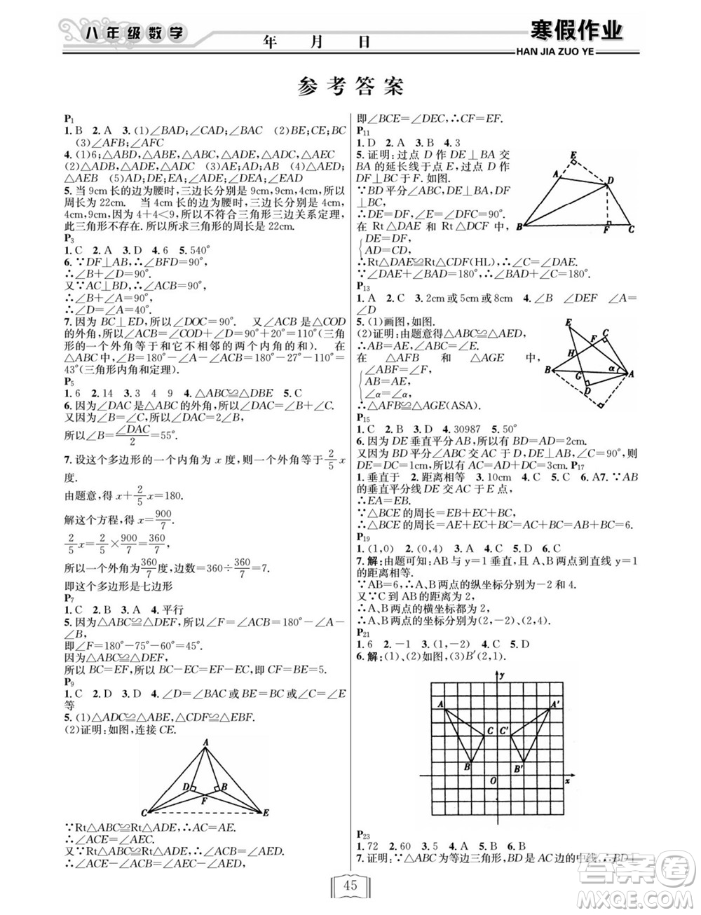 延邊人民出版社2022寒假作業(yè)快樂假期八年級數(shù)學(xué)人教版答案