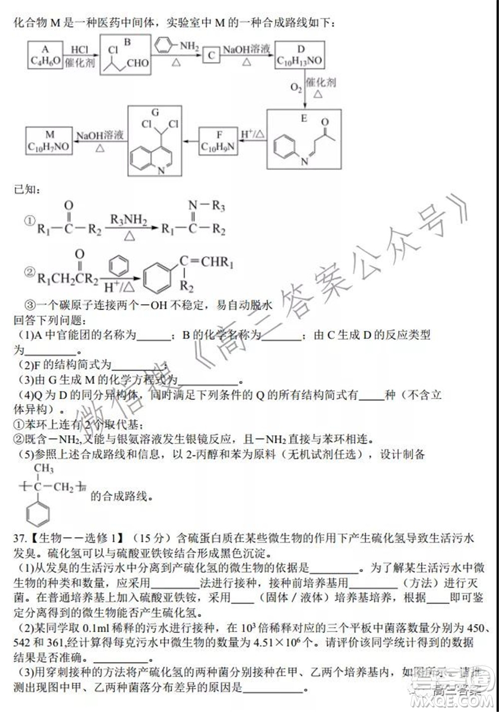 安徽省六校教育研究會2022屆高三聯(lián)考理科綜合能力測試答案