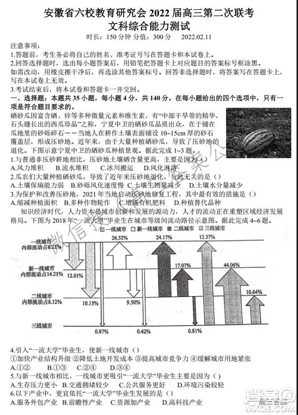 安徽省六校教育研究會2022屆高三聯(lián)考文科綜合能力測試答案