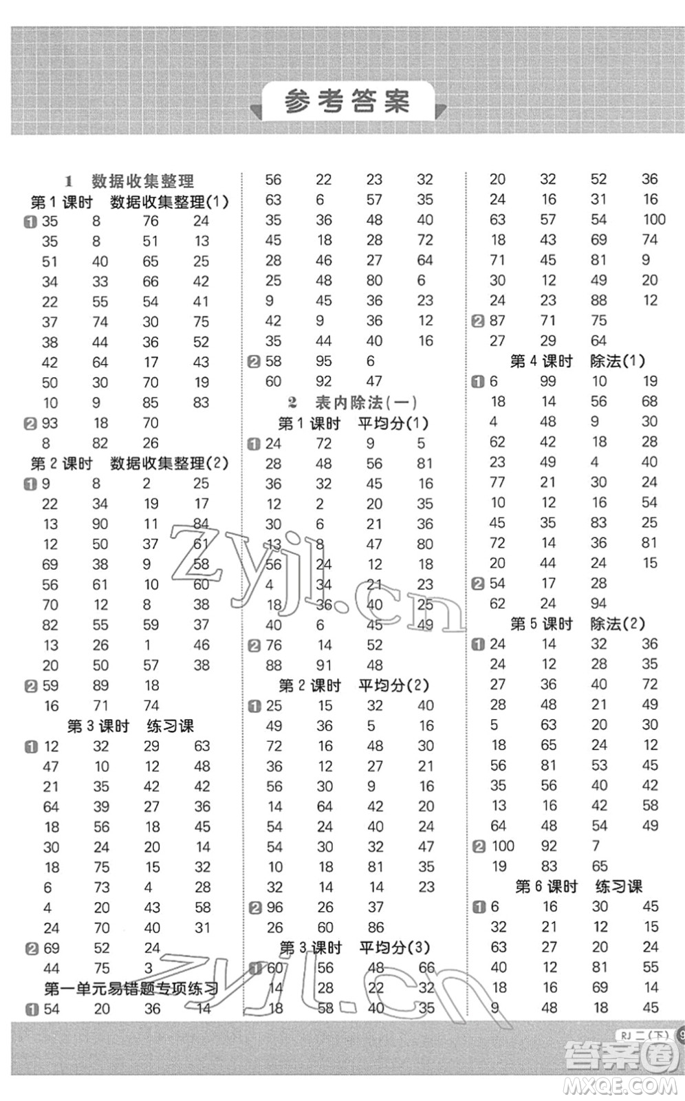 江西教育出版社2022陽光同學(xué)計算小達人二年級數(shù)學(xué)下冊RJ人教版答案