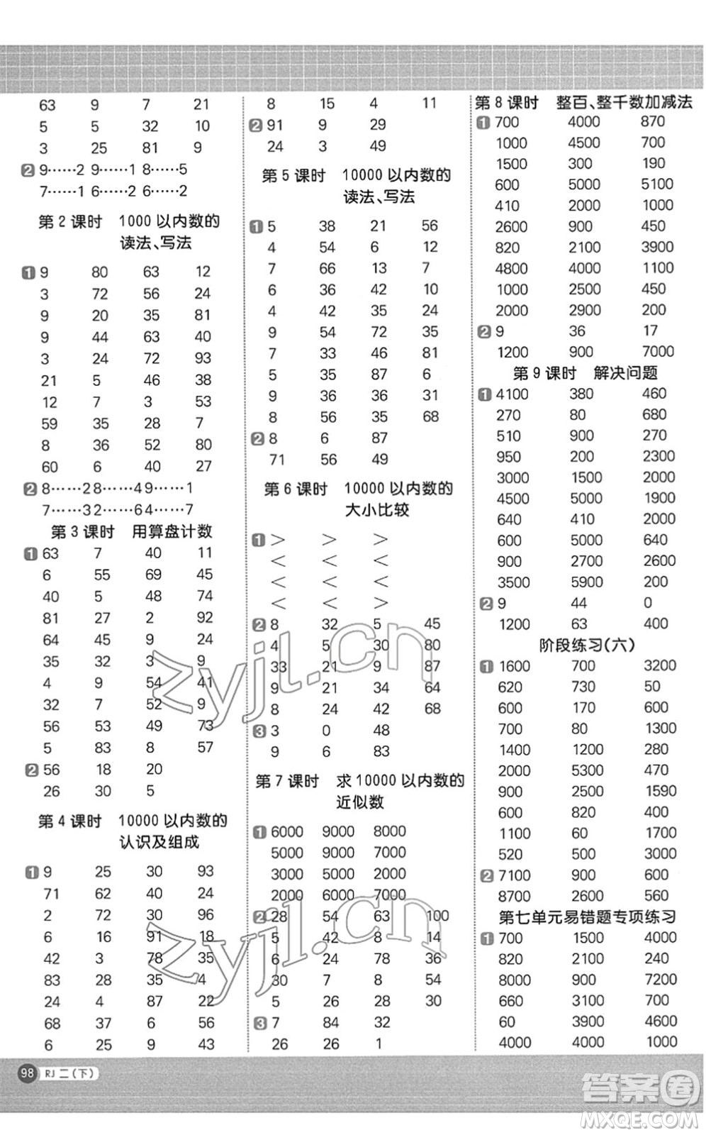 江西教育出版社2022陽光同學(xué)計算小達人二年級數(shù)學(xué)下冊RJ人教版答案