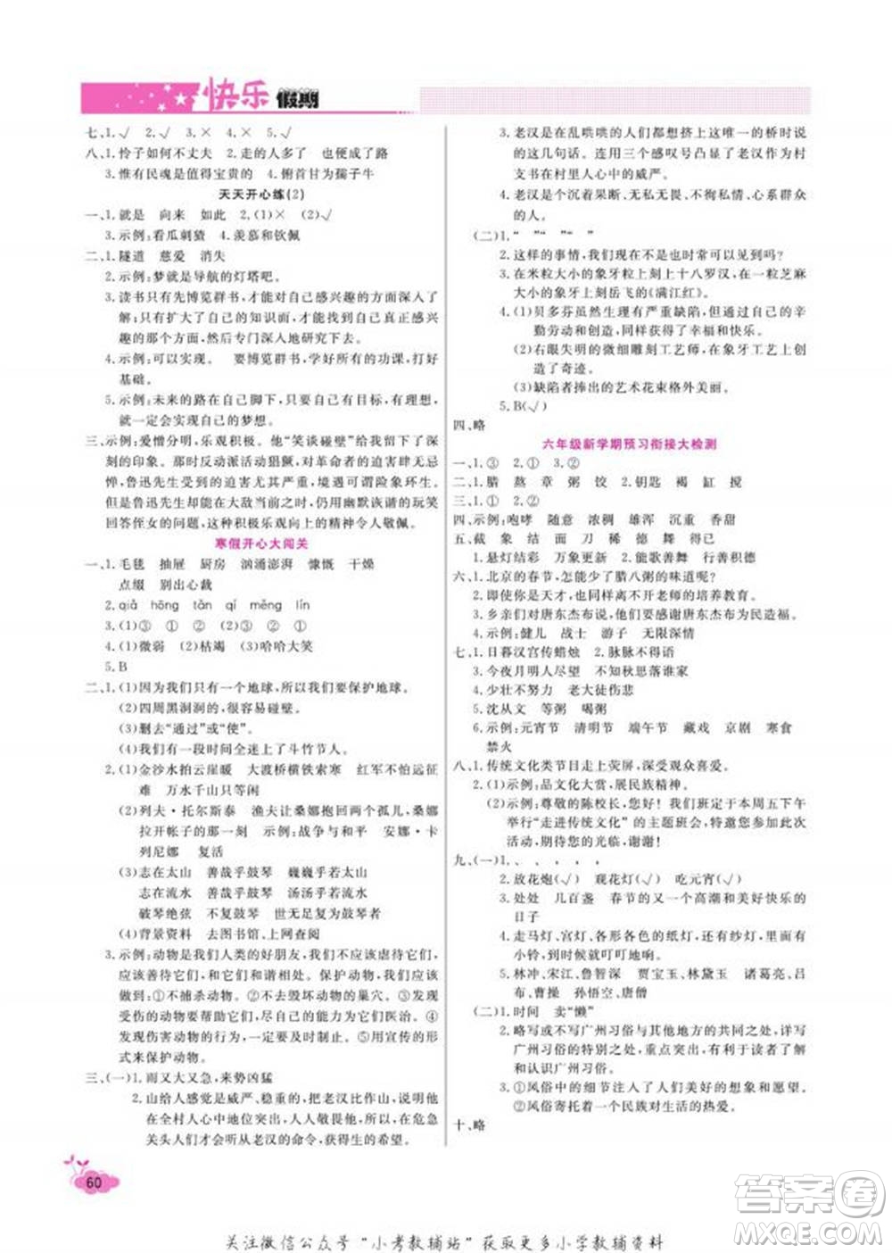 天津人民出版社2022快樂(lè)假期寒假作業(yè)六年級(jí)語(yǔ)文部編版參考答案