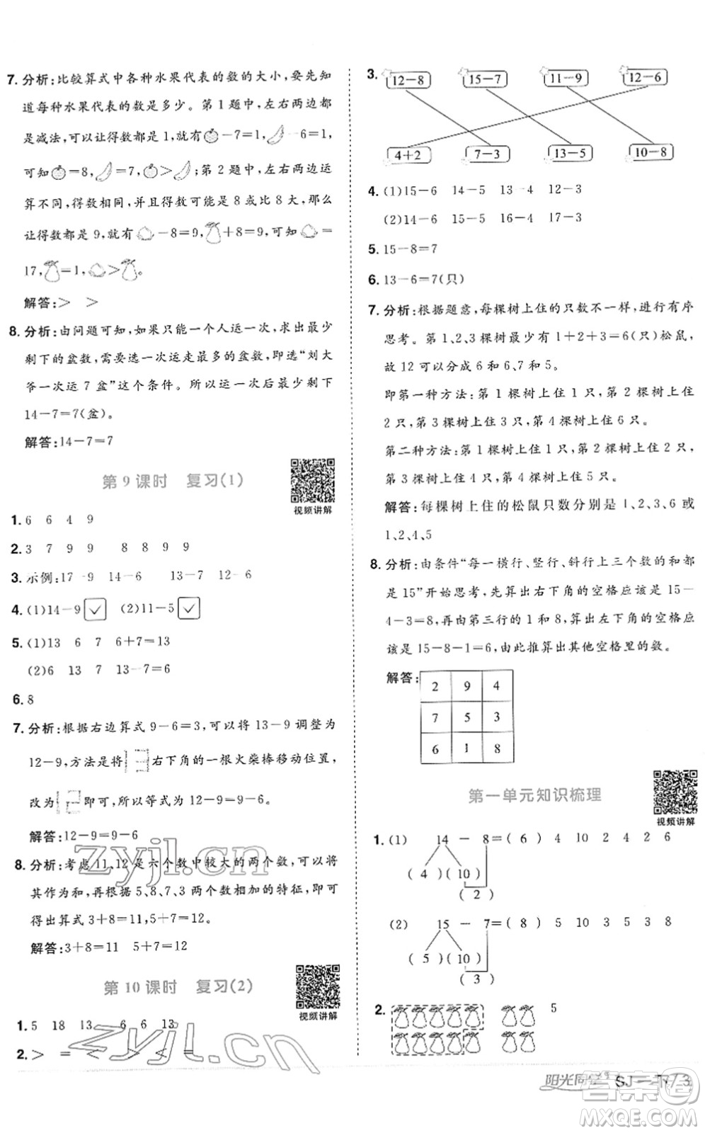 江西教育出版社2022陽光同學(xué)課時優(yōu)化作業(yè)一年級數(shù)學(xué)下冊SJ蘇教版答案