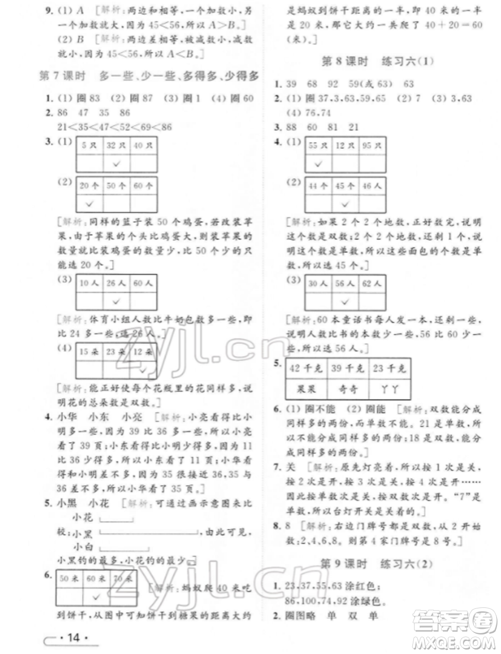 北京教育出版社2022亮點(diǎn)給力提優(yōu)課時作業(yè)本一年級數(shù)學(xué)下冊江蘇版參考答案