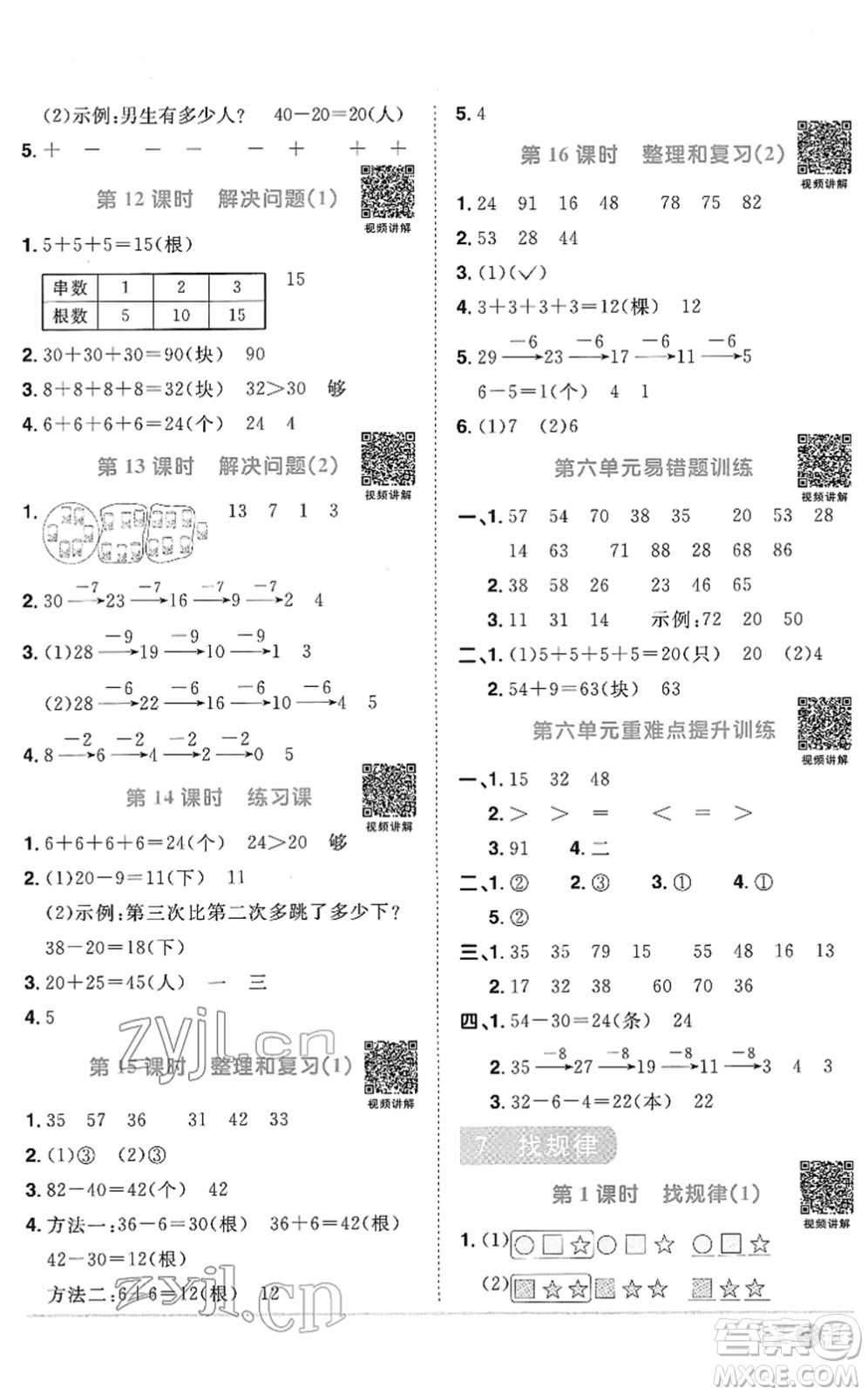 江西教育出版社2022陽光同學(xué)課時優(yōu)化作業(yè)一年級數(shù)學(xué)下冊RJ人教版菏澤專版答案