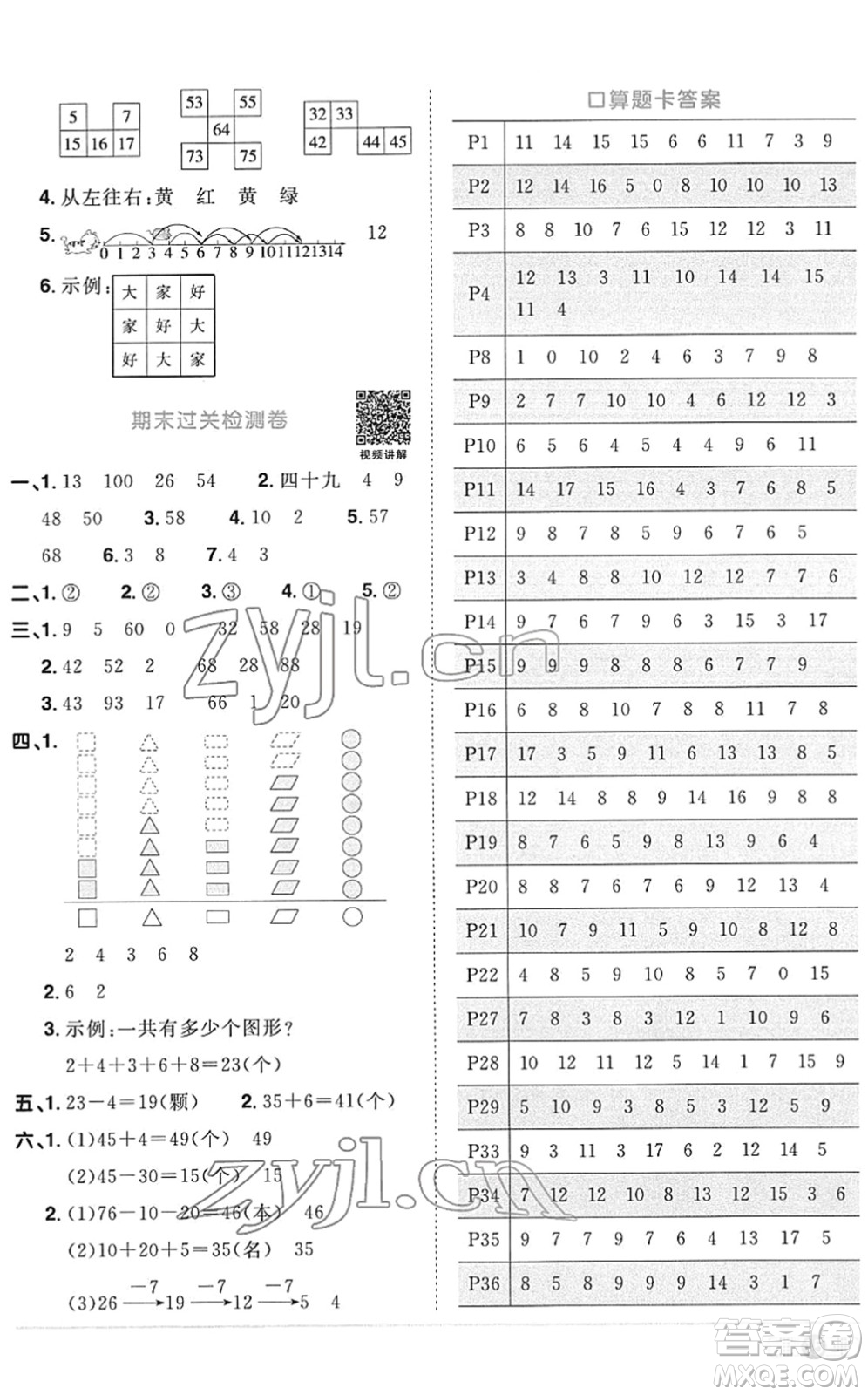 江西教育出版社2022陽光同學(xué)課時優(yōu)化作業(yè)一年級數(shù)學(xué)下冊RJ人教版菏澤專版答案