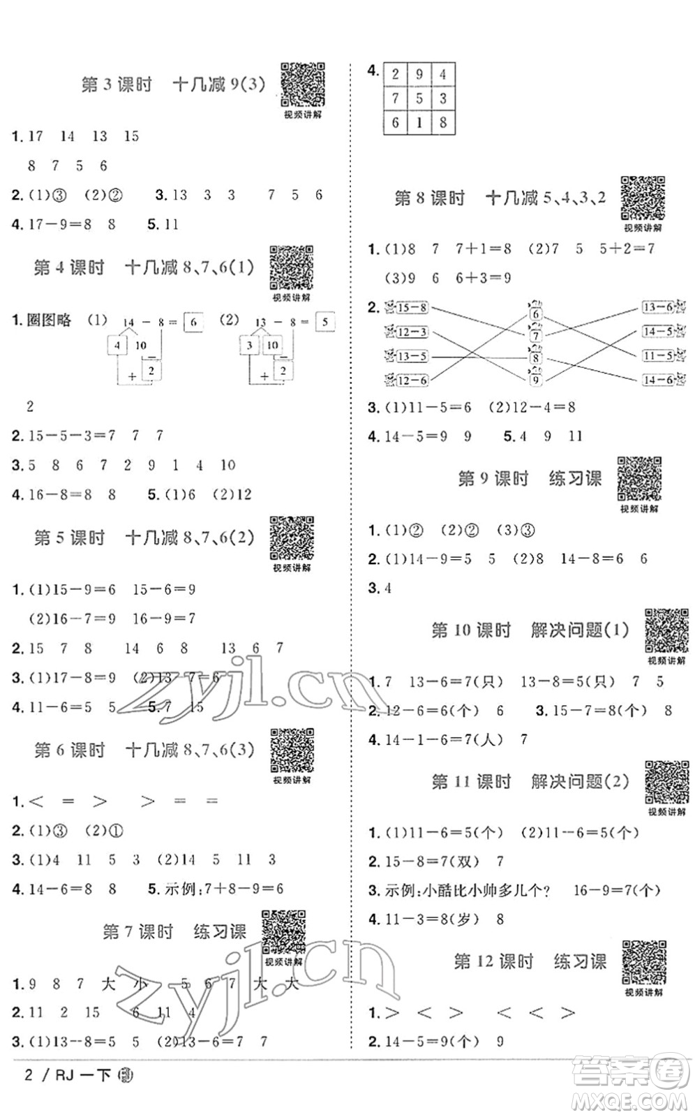 福建少年兒童出版社2022陽光同學(xué)課時優(yōu)化作業(yè)一年級數(shù)學(xué)下冊RJ人教版福建專版答案