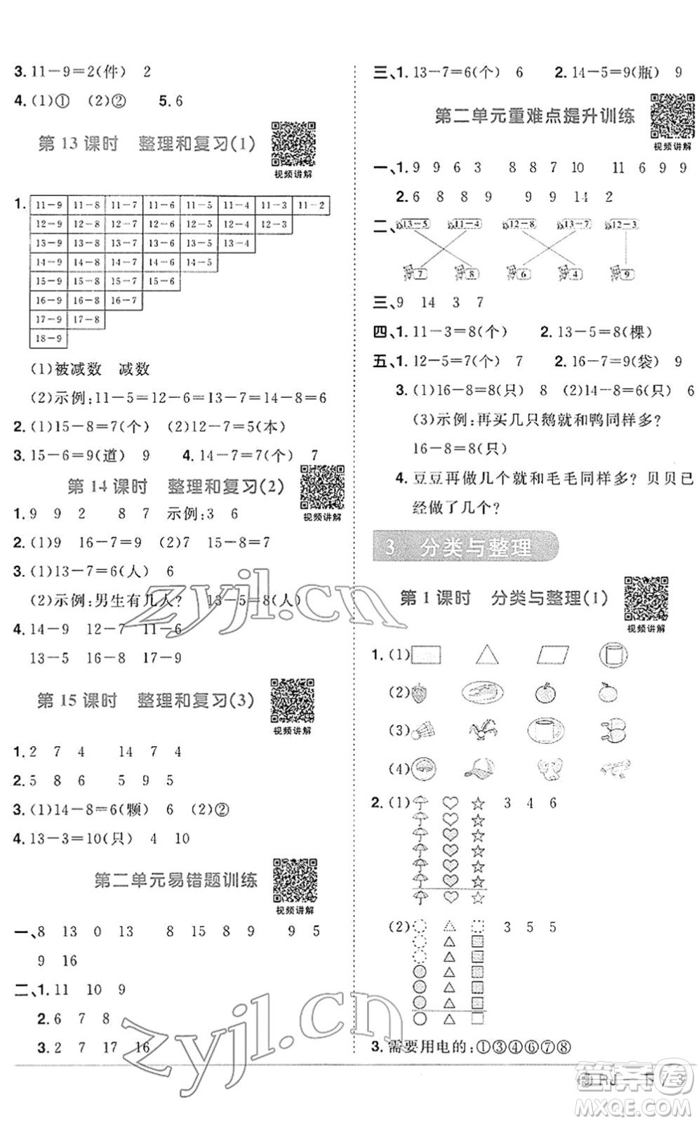 福建少年兒童出版社2022陽光同學(xué)課時優(yōu)化作業(yè)一年級數(shù)學(xué)下冊RJ人教版福建專版答案