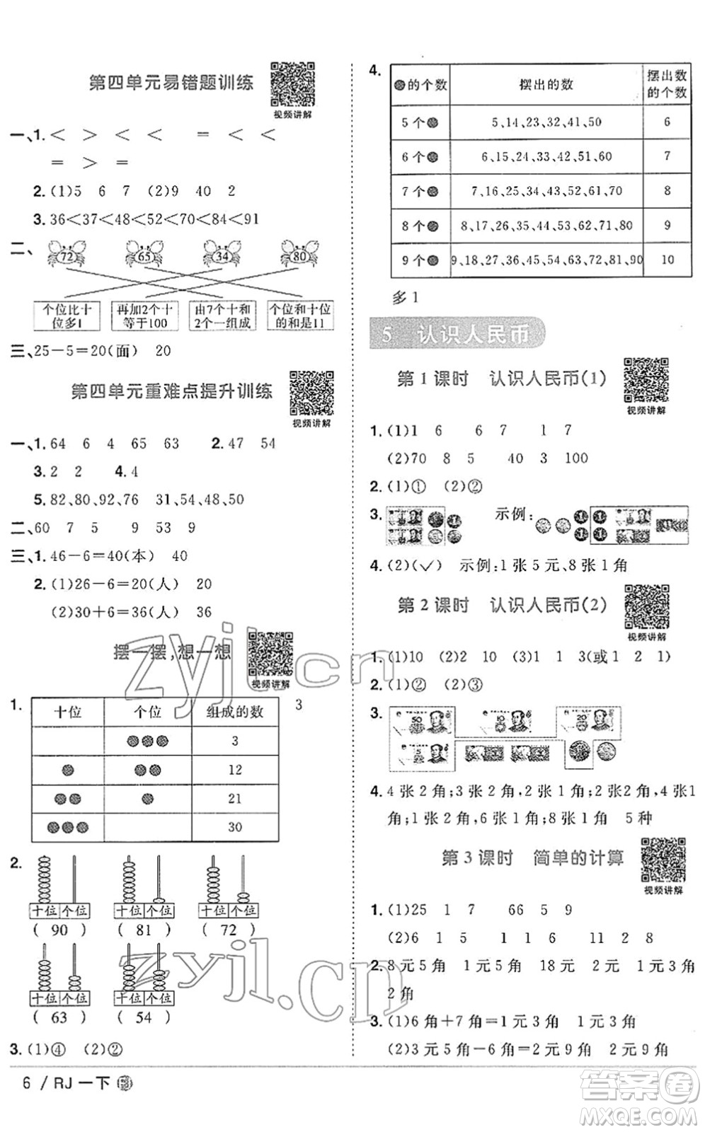 福建少年兒童出版社2022陽光同學(xué)課時優(yōu)化作業(yè)一年級數(shù)學(xué)下冊RJ人教版福建專版答案